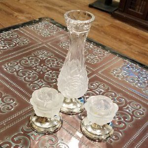 Vintage clear and frosted crystal vase and candle holders w/ silver base